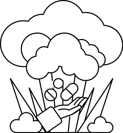 A hand is holding a bunch of pills in a field. Concept of taking care of one's health and the importance of medicationのイラスト素材