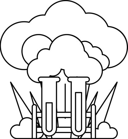 A black and white drawing of a cloud with two test tubes in it. Scene is one of excitement and energy, as if the cloud is about to explode with the test tubesのイラスト素材