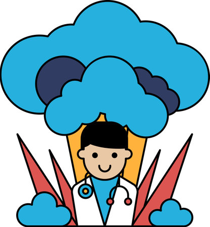 A cartoon of a doctor with a stethoscope on his head. The doctor is surrounded by clouds and grassのイラスト素材