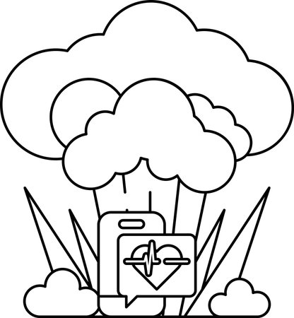 A black and white drawing of a cloud with a heart and a box with a heart on it. The heart symbolizes love and care, while the box could represent a medical device or a giftのイラスト素材