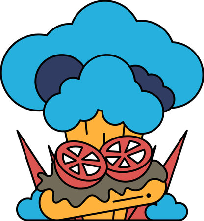 A cartoon of a chef with a big cloud of smoke coming out of his hat. The chef is holding a knife and a fork, and there are two slices of tomato on the tableのイラスト素材