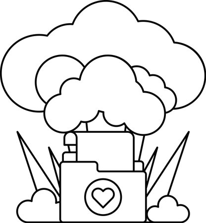 A white and black drawing of a cloud with a heart and a file cabinet. The heart is in the middle of the cloud and the file cabinet is on the right side of the cloudのイラスト素材