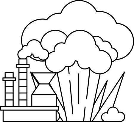 A black and white drawing of a factory with a cloud of smoke and a large explosion. Scene is one of destruction and chaosのイラスト素材