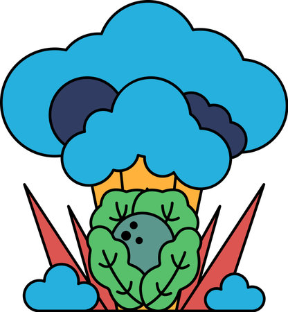A white and black drawing of a broccoli with a bowling ball in it. The broccoli is surrounded by a...