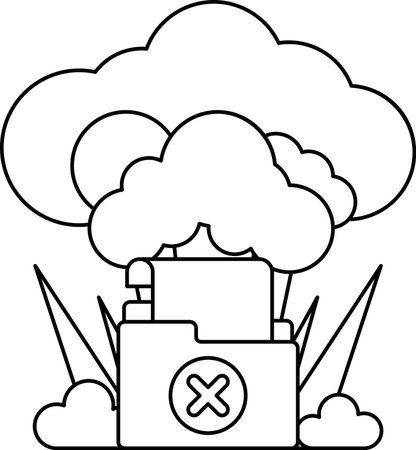 A white background with a large cloud in the background and a small file cabinet with an X on it. Concept of chaos and destructionのイラスト素材