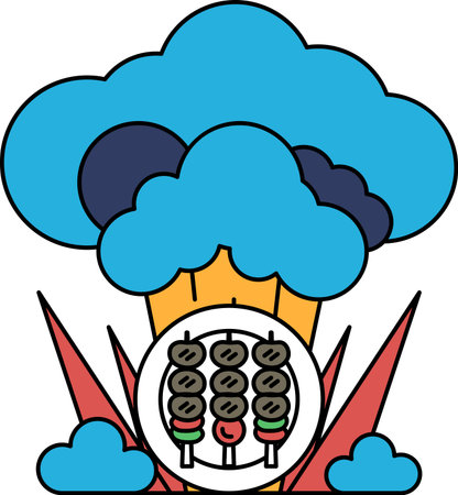 A plate of food with skewers on it is surrounded by clouds. The clouds are white and fluffy, giving the scene a light and airy feelingのイラスト素材