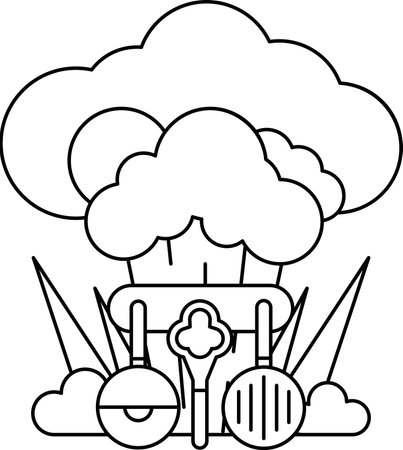 A black and white drawing of a cloud with a chef hat on top of it. The chef hat is surrounded by various kitchen items such as a spatula, a frying pan, and a bowlのイラスト素材