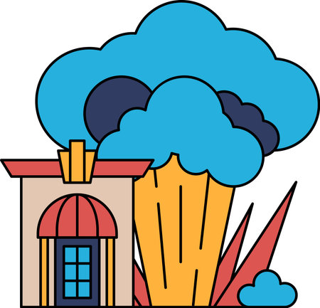 A house is next to a tree and a cloud. The house is small and has a window. The cloud is dark and ominousのイラスト素材