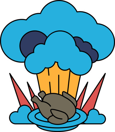 A black and white drawing of a chicken on a plate with a cloud in the background. Scene is lighthearted and playful, as the chicken is depicted as a happy and carefree creatureのイラスト素材