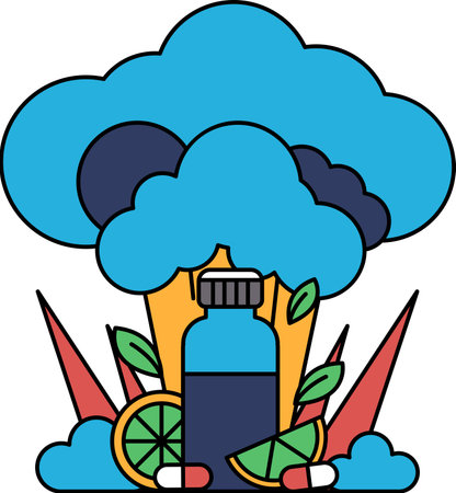 A bottle of juice is surrounded by a cloud of smoke. The bottle is on the ground and the smoke is coming from itのイラスト素材