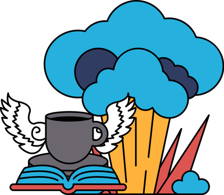 A cup with wings on top of it is sitting on top of an open book. The image has a whimsical and playful moodのイラスト素材