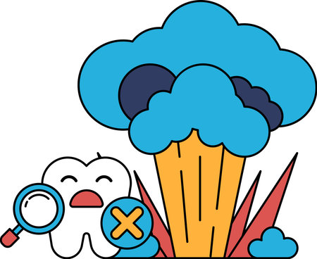 A cartoon of a tooth with a magnifying glass on it and a mushroom cloud in the backgroundのイラスト素材