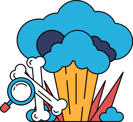 A black and white drawing of a cloud with a skull and a magnifying glass. Scene is mysterious and ominousのイラスト素材