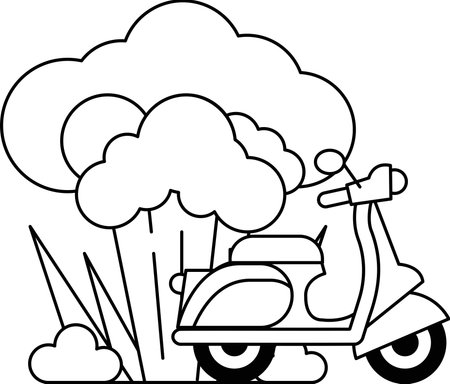 A scooter is parked in front of a tree. The tree is very large and has a lot of leaves. The scooter is parked in the grass, and it is the only thing visible in the sceneのイラスト素材