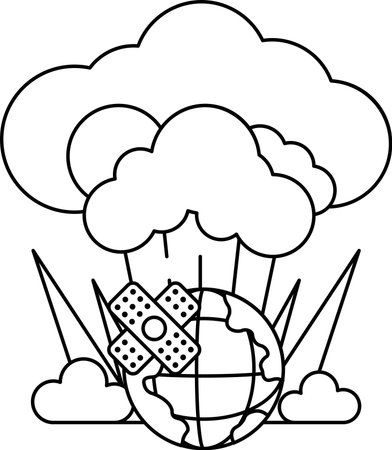 A black and white drawing of a planet with a large cloud and a small one. The planet is surrounded by grass and has a bandage on itのイラスト素材