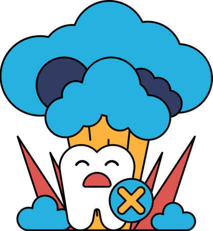 A cartoon of a tooth with a big X on it. The tooth is smiling and the X is in the middle of the toothのイラスト素材