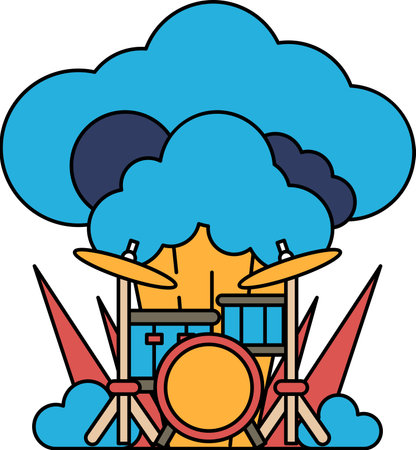 A black and white drawing of a drum set with a cloud in the background. The drum set is surrounded by grass and flowers, giving the impression of a natural settingのイラスト素材