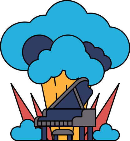 A piano is shown in the middle of a cloud. The piano is surrounded by a field of grass and a few trees. Scene is peaceful and serene, as the piano is the only object in the sceneのイラスト素材