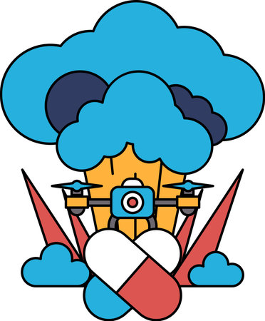 A cartoon of a camera and a pill bottle with a cloud in the background. The pill bottle is a symbol of medicine and the cloud is a symbol of the sky. The camera is a symbol of capturing momentsのイラスト素材