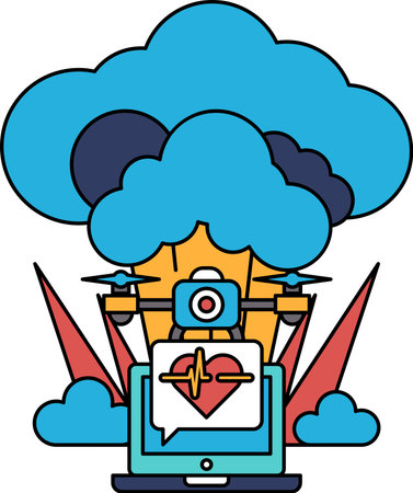 A black and white drawing of a heart with a camera on it. The heart is surrounded by clouds and the camera is on a laptop. Concept of capturing a moment or a memoryのイラスト素材