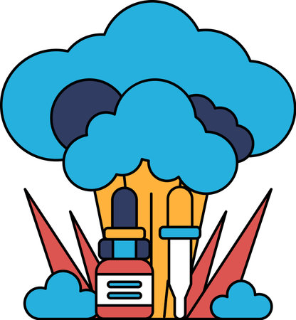 A black and white drawing of a cloud with a bottle and a syringe in the foreground. Scene is calm and peaceful, with the bottle and syringe representing a medical or scientific settingのイラスト素材