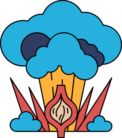 A white and black drawing of a cloud with a large onion in the middle. The onion is surrounded by...