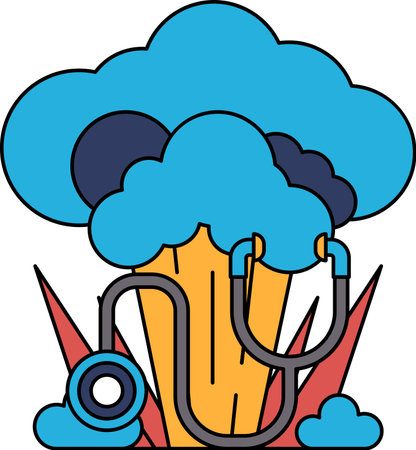 A black and white drawing of a doctor's stethoscope and a cloud. The stethoscope is placed on the grass, and the cloud is in the background. Concept of calm and serenityのイラスト素材