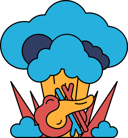 A cartoon of a mushroom cloud with a bird in the middle of it. The bird is holding a stick and a...