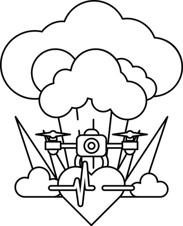 A black and white drawing of a heart with a camera and a drone in the middle. The heart is surrounded by clouds and the drone is flying above it. Concept of adventure and excitementのイラスト素材
