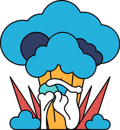 A black and white drawing of a mushroom growing out of the ground. The mushroom is surrounded by grass and cloudsのイラスト素材