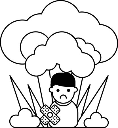 A boy is holding a bandage in his hand. The boy is sad and the scene is set in a field