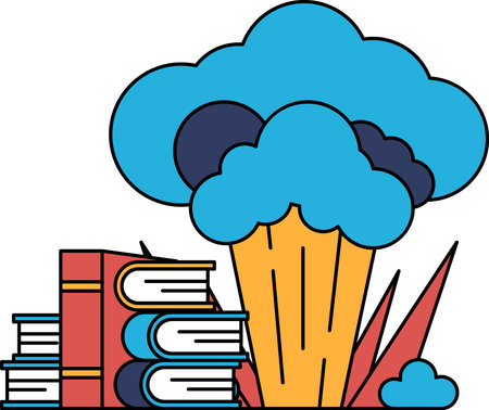 A pile of books is sitting on a table. There are at least five books in the stack, with the largest one being the middle of the pile. The books are all different sizes and colorsのイラスト素材