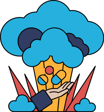 A hand is holding a bunch of pills in a field. Concept of taking care of one's health and the importance of medicationのイラスト素材