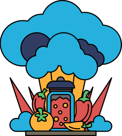 A jar of vegetables is on a table with a cloud in the background. The jar is filled with tomatoes, peppers, and other vegetables. The cloud in the background gives the image a sense of freshnessのイラスト素材