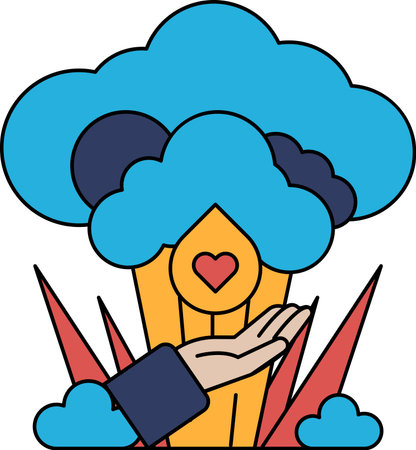 A hand is holding a heart in front of a cloud. Concept of love and protection, as the hand is reaching out to the heart. The cloud in the background adds a sense of mystery and depth to the sceneのイラスト素材