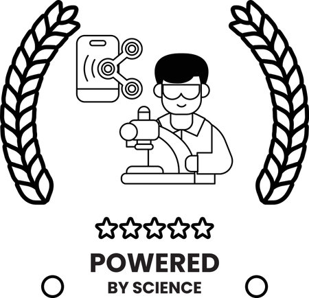 A man is working on a project, and the image is titled "Powered by Science". The man is wearing a lab coat and goggles, and he is surrounded by a few tools. Concept of scientific innovationのイラスト素材