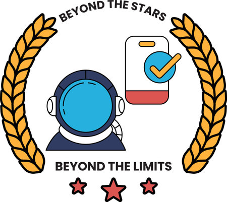 A man in a spacesuit is standing in front of a gold wreath with stars. The image is titled "Beyond the Stars" and is meant to convey the idea of exploring the unknown and reaching for new limitsのイラスト素材