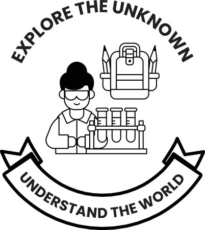 A woman in a lab coat is holding a beaker and a backpack. The image is titled "Explore the Unknown" and is meant to inspire curiosity and a desire to learnのイラスト素材