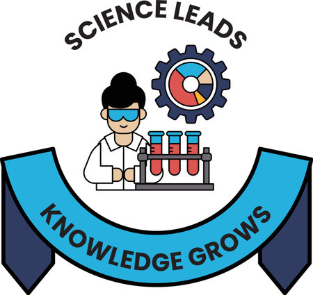 Science leads knowledge grows. A man in a lab coat is holding a test tube. The image is blue and...