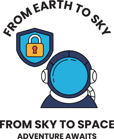 A blue and white logo for a company called From Earth to Sky to Space. The logo features a man in a spacesuit and a lock. The text reads "Adventure awaits"のイラスト素材