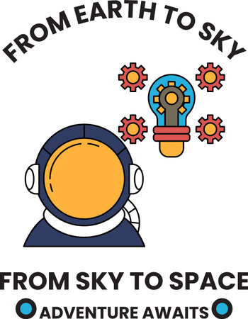 A cartoon of a man in a spacesuit with a light bulb on his head. The text reads "From Earth to Sky to Space"のイラスト素材