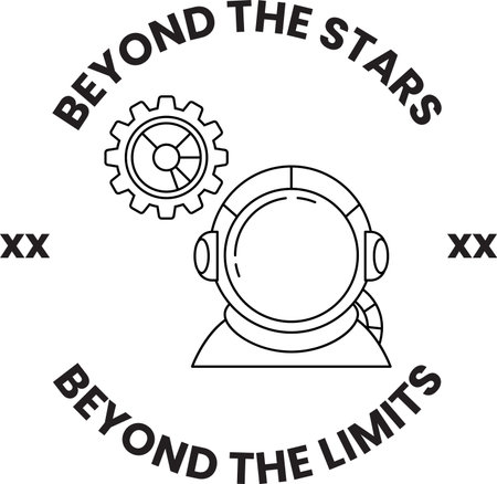 A man in a spacesuit is surrounded by gears and the words "Beyond the Stars". Concept of exploration and adventure, as well as the idea of pushing beyond the limits of what is known and familiarのイラスト素材