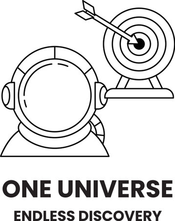 A black and white image of a man in a spacesuit with a target in the background. The image is titled "One Universe: Endless Discovery"のイラスト素材