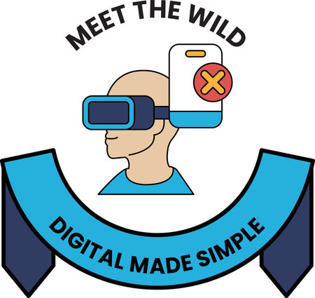 A man wearing a virtual reality headset is shown with a red X on a blue background. The image is titled "Meet the Wild" and is meant to convey the idea of digital made simpleのイラスト素材