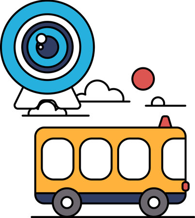 A bus is driving down a road with a camera on top of it. The camera is looking up at the skyのイラスト素材