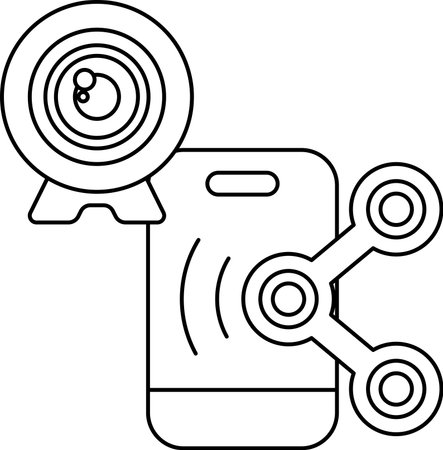 A camera lens is shown with a phone and a camera. The camera lens is a symbol of the phone's camera capabilitiesのイラスト素材