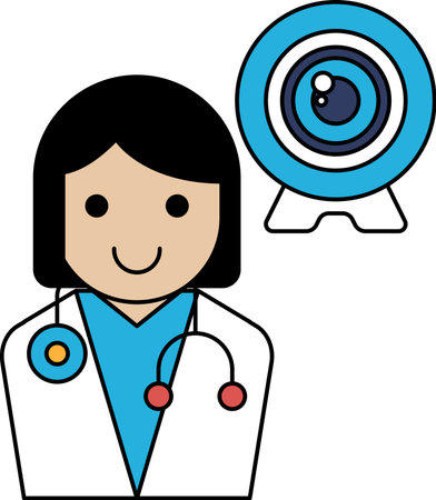 A woman with a stethoscope is smiling and looking at a camera. The image is of a doctor or nurse, and the camera is a webcamのイラスト素材