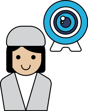 A woman with a camera is smiling. The camera is a webcam. The woman is wearing a white shirt and a white hatのイラスト素材