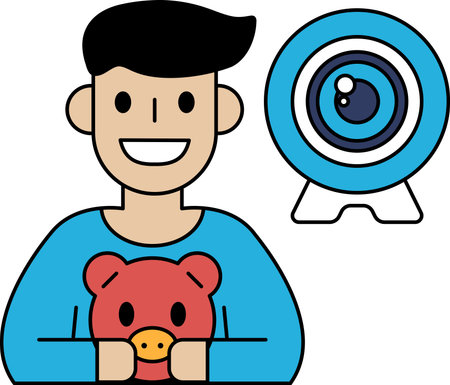 A boy is holding a stuffed animal and smiling. Concept of happiness and warmth, as the boy is enjoying his time with his stuffed animalのイラスト素材