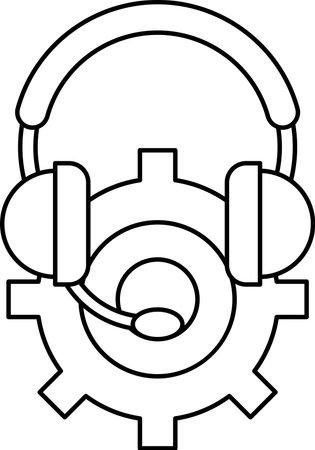 A white and black drawing of a headset with a microphone and a gear. The drawing is of a person wearing a headset and microphoneのイラスト素材